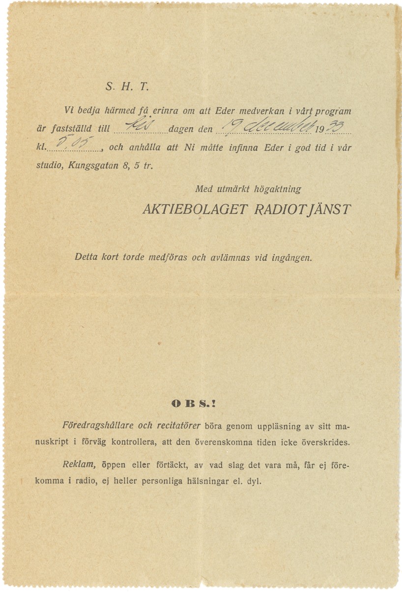 Invitation to perform on radio in 1933