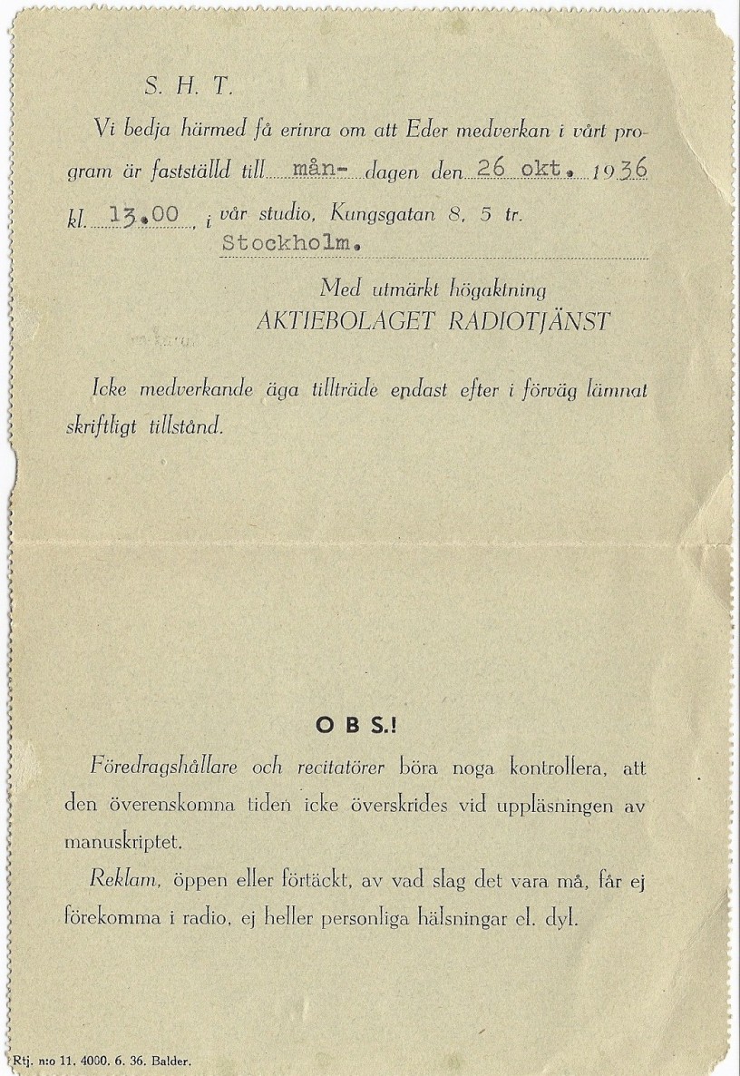 Invitation to perform on radio in 1936